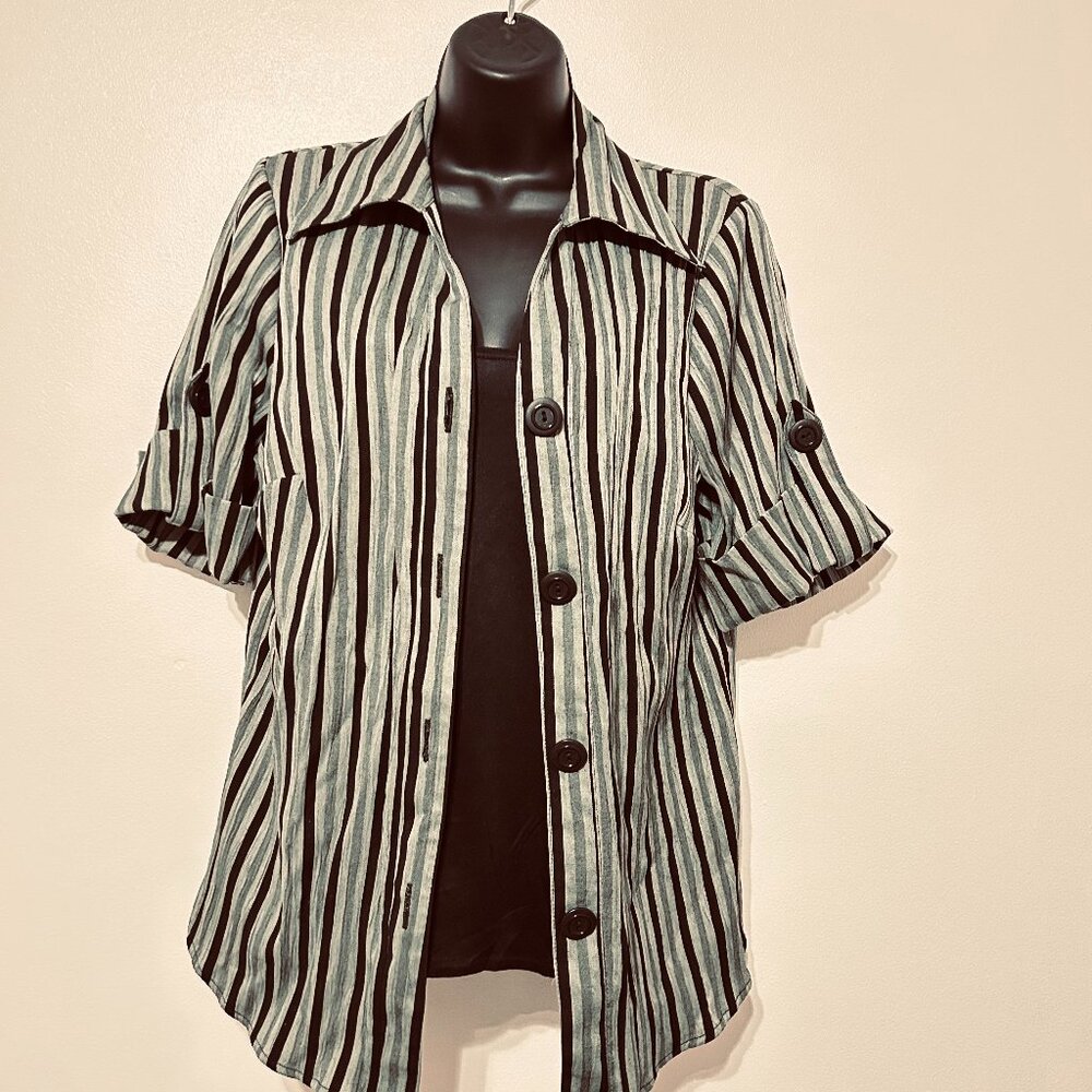 Dressbarn Olive Green/Black Striped Shirt with Camisole Button Down Size 14-16